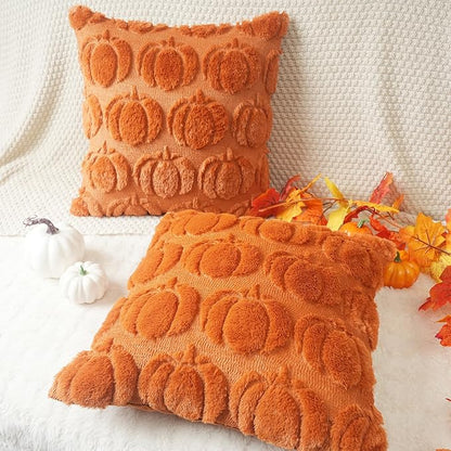 GEEORY Fall Pumpkins Soft Plush Pillow Covers, 26 x 26 Inch Set of 2, Fluffy Faux Fur Wool Decorative Farmhouse Cushion Case for Sofa Home Decoration Orange Pumpkin GC021-26