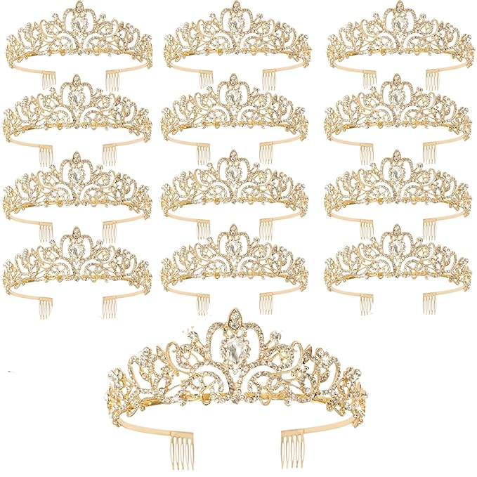 CIEHER 12 PCS Gold Crowns for Women, Crystal Queen Crown Princess Tiaras for Prom Birthday Party Halloween Costume