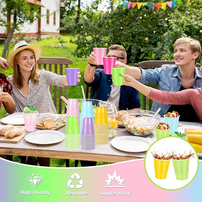 100 Pcs Pastel Plastic Cups 12 oz, Bulk Colorful Light Blue Pink Purple Green and Yellow Disposable Party Graduation Cups for Graduation Picnic Wedding Bridal Birthday Party Supplies Decorations