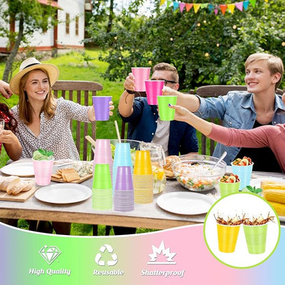 100 Pcs Pastel Plastic Cups 12 oz, Bulk Colorful Light Blue Pink Purple Green and Yellow Disposable Party Graduation Cups for Graduation Picnic Wedding Bridal Birthday Party Supplies Decorations