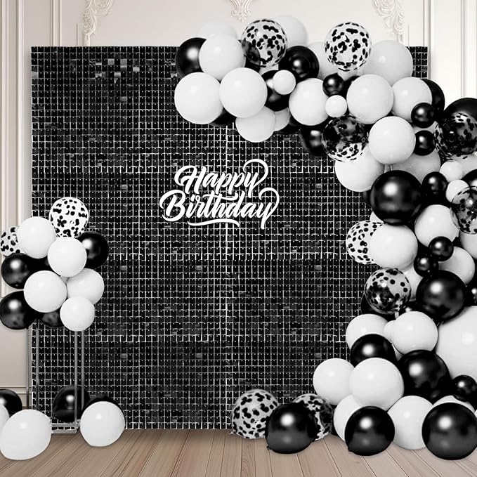 48 PCS Black Shimmer Wall Backdrop, Square Sequin Photo Backdrops Panel, Glitter Wall Background for Birthdays, Weddings, Halloween, Engagements, Disco Bachelorette Party Decoration (6FTx8FT)