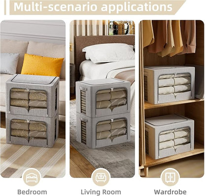 FHSQX 3 Pack Clothes Storage Bins - Foldable Metal Frame Storage Box - Stackable Linen Fabric Container Organizer Set with Carrying Handles and Clear Window (Light Gray, 16.5x12.2x12.2inch(40L))
