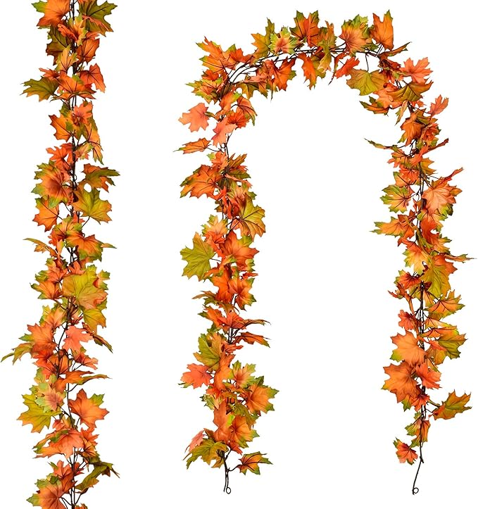 2 Pack Fall Garland Maple Leaf, 6.5Ft/Piece Hanging Vine Garlands Artificial Autumn Foliage Garland Thanksgiving Decor for Home Wedding Fireplace Party