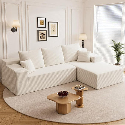 108" L Shaped Boneless Sectional Couches for Living Room, Comfy Corduroy Floor Cloud Sofa with Chaise, Wide Armrest, Deep Seat, Memory Foam, Assembly Free, Ideal for Small Spaces, White