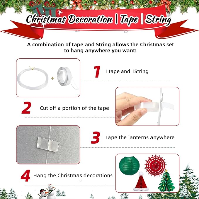 Christmas Paper Lanterns Decoration,19PCS Red Green Lanterns Handmade with Tape and String, Fans,Hanging Paper,Santa Hat for Christmas Party, New Year Eve Party