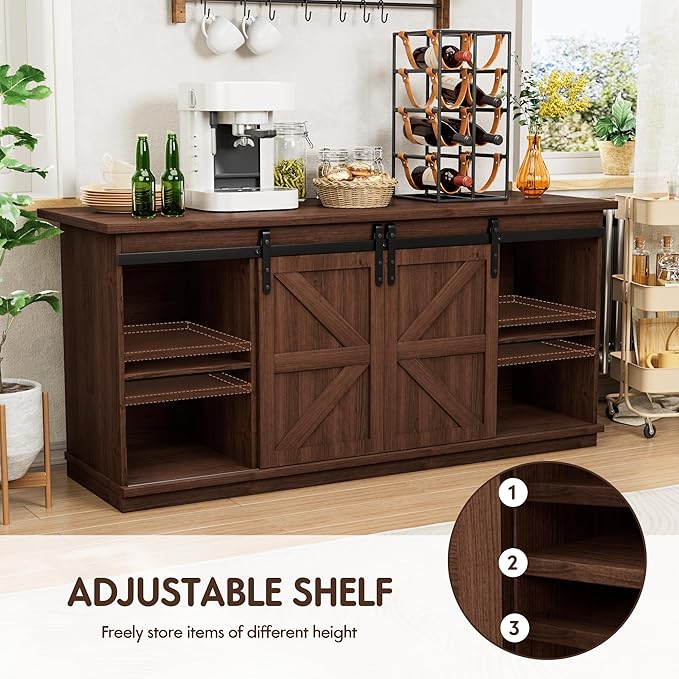 Shahoo Farmhouse Sideboard Buffet Cabinet, Coffee Bar Storage with Sliding Barn Doors, Shelf for Home Dining Room, Espresso