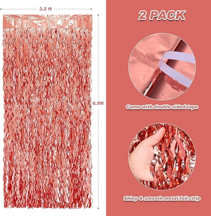 2 Pack 3.2x6.5 Feet Wavy Rose Gold Fringe Curtain Backdrop Wine Bachelorette Party Decorations Metallic Tinsel Streamers Foil Backdrop Background for Wedding Engagement Bride Be Baby Shower