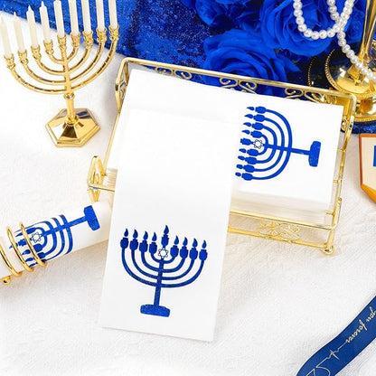 50 Pack Hanukkah Napkins - Blue and White Paper Napkins - Heavy Duty Cloth-Like Feel Napkin with Menorah Candles - Disposable Hand Towels for Kitchen Table Bathroom Holiday Decor