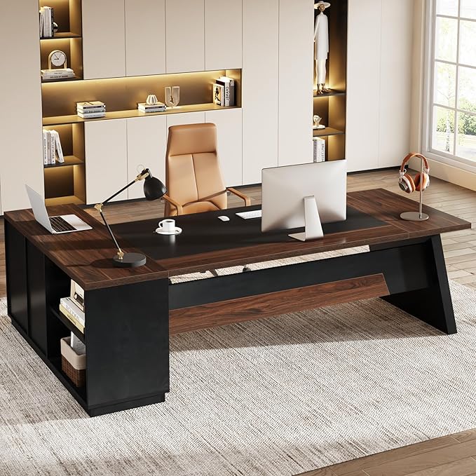 Tribesigns 78" L-Shaped Executive Desk, Large Office Desk with Drawers and File Cabinet, Modern Business Furniture for Home Office (Walnut & Black)