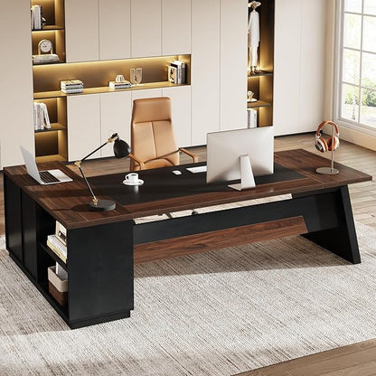 Tribesigns 78" L-Shaped Executive Desk, Large Office Desk with Drawers and File Cabinet, Modern Business Furniture for Home Office (Walnut & Black)