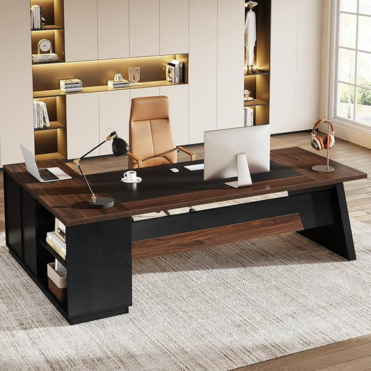 Tribesigns 78" L-Shaped Executive Desk, Large Office Desk with Drawers and File Cabinet, Modern Business Furniture for Home Office (Walnut & Black)