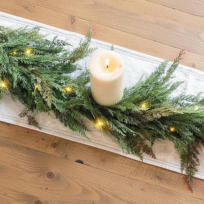 Christmas Cedar Garland Realistic with Lights - 2 Pack Cypress Decorations 9ft for Mantle Lighted Faux Pine Garlands for Xmas Home Decoration Indoor Stairs Railing Fireplace Outdoor Prelit Door Decor