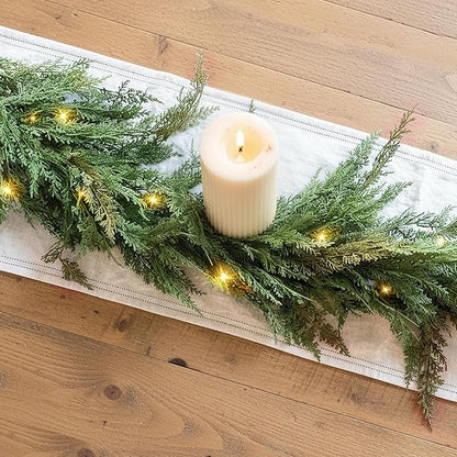 Christmas Cedar Garland Realistic with Lights - 2 Pack Cypress Decorations 9ft for Mantle Lighted Faux Pine Garlands for Xmas Home Decoration Indoor Stairs Railing Fireplace Outdoor Prelit Door Decor