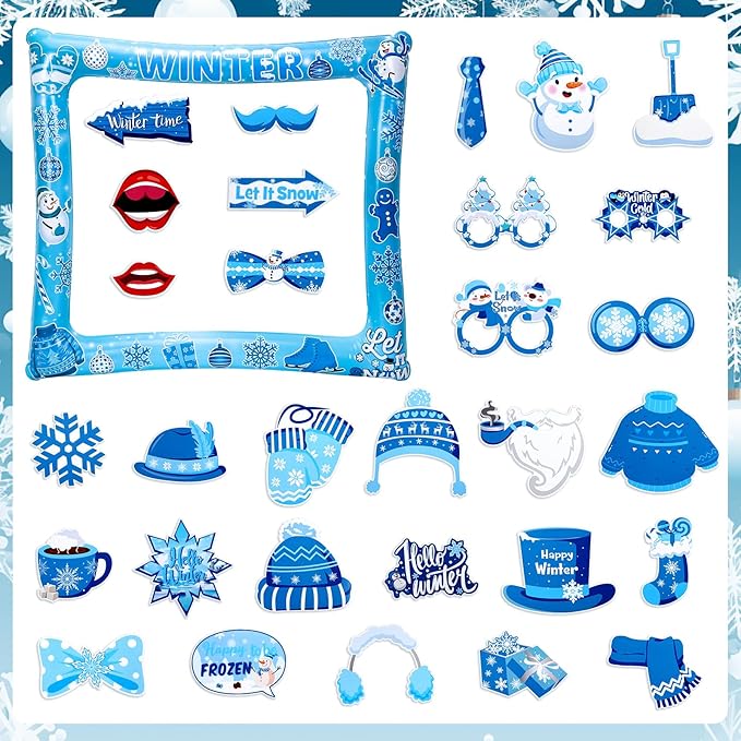 31 PCS Snowflake Photo Booth Props Winter Snowman Photo Props Winter Wonderland Party Decorations for Xmas Holiday Party Christmas Party Supplies Favors
