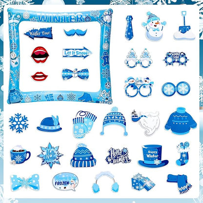 31 PCS Snowflake Photo Booth Props Winter Snowman Photo Props Winter Wonderland Party Decorations for Xmas Holiday Party Christmas Party Supplies Favors