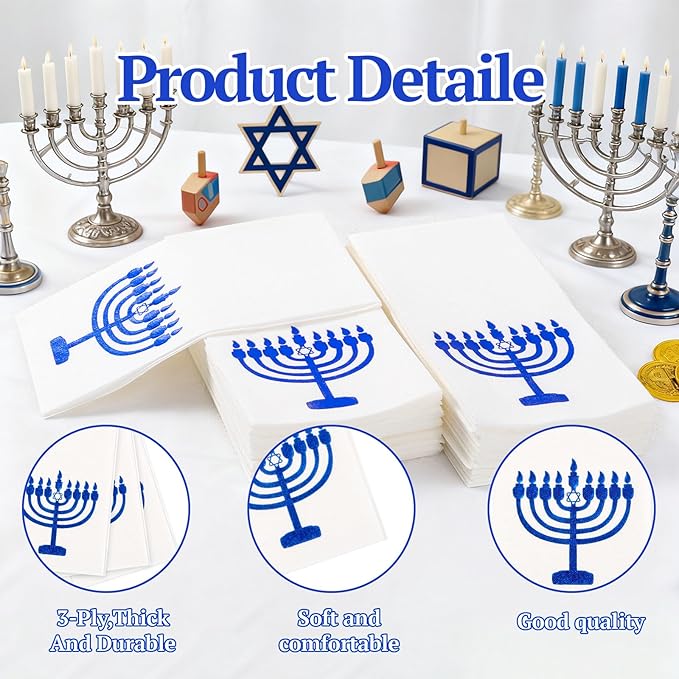 50 Pack Hanukkah Napkins - Blue and White Paper Napkins - Heavy Duty Cloth-Like Feel Napkin with Menorah Candles - Disposable Hand Towels for Kitchen Table Bathroom Holiday Decor