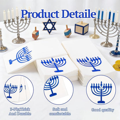 50 Pack Hanukkah Napkins - Blue and White Paper Napkins - Heavy Duty Cloth-Like Feel Napkin with Menorah Candles - Disposable Hand Towels for Kitchen Table Bathroom Holiday Decor