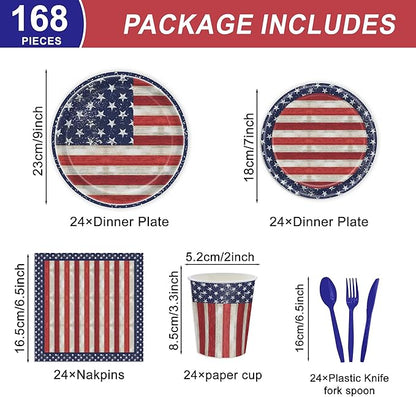 168Pcs Retro Independence Day Tableware Set, 4th of July Plates and Napkins for American Memorial Day Decorations, Stars and Stripes Pattern Patriotic Party Supplies, Serves 24