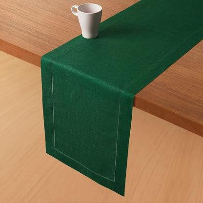 D'Moksha Homes Linen Forest Green Table Runner 90 Inches Long - Classic Hemstitch 100% Pure Linen Dining Table Runner 14 x 90 Inch for Winter, Christmas, Holiday