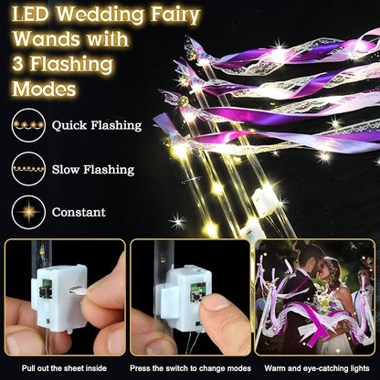 60Pack Light Up Wands,Wedding Wands with 3 Colorful Flashing Modes,LED Silk Fairy Wands with Bells,Glow Ribbon Streamers for Wedding,Mardi Gras,Mother's Day,July 4th,Birthday(Purple)
