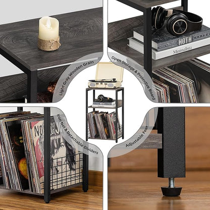 LELELINKY 3 Tier End Table,Record Player Stand with Storage Up to 100 Albums,Turntable Stand for Vinyl, Light Gray Records Shelf for Living Room Bedroom