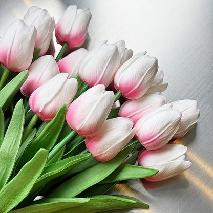 20 Pcs Real Touch Artificial Tulips - Soft White-Pink Fake Flowers, 14" Spring Mother’s Day Easter Home Kitchen Wedding Party Decor (Bulk, Lifelike Latex Texture)