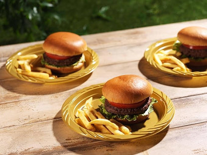 Munfix 100 Pack Gold Plastic Dinner Plates, 9 Inch Disposable Plates Bulk Pack, Party Plates for BBQ, Picnic, Parties, Travel and Events, Microwavable Recyclable