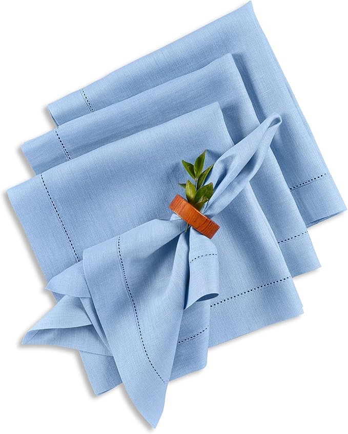 Solino Home Linen Cloth Napkins Set of 4-100% Pure Linen Cornflower Blue Dinner Napkins 20 x 20 Inch - Classic Hemstitch, Handcrafted and Machine Washable - Christmas, Holiday, New Year