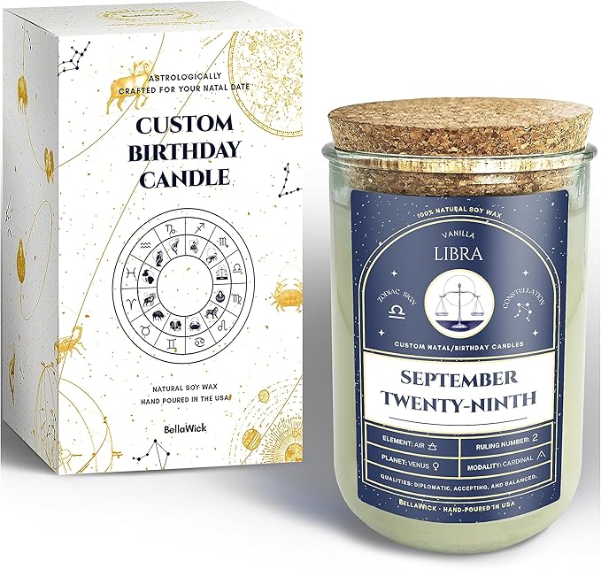 Birthday Candles - Custom Birthdate Astrological Zodiac Scented Candles. Astrology Gifts. All Natural Soy Wax. 75+ Hour Burn Time. Made in USA - September 29