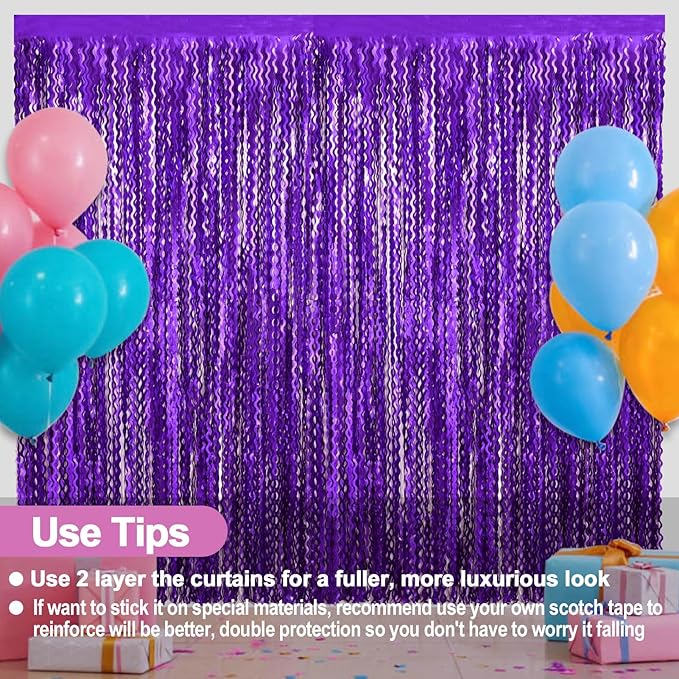 4 Pack Purple Fringe Curtain Backdrop 3.2Ft x 8.2Ft Metallic Tinsel Foil Fringe Streamers Background for Photo Booth Mother's Day, Easter, Carnival, Birthday, Wedding Party Decoration