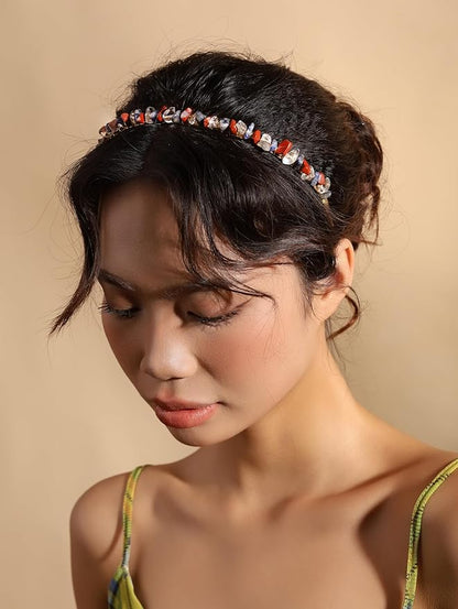 MINACHI Handcrafted Gold-Tone Hairband with Colorful Mixed Stones, Boho Bridal Accessories, Jewelry Gift for Women