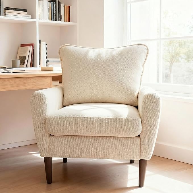 OLIXIS Comfy Accent Chair for Living Room Bedroom and Waiting Room, Upholstered Mid-Century Reading Chair with Pillow and Solid Wood Legs, Wide Singe Modern Lounge Sofa (Beige, 2 Pack)