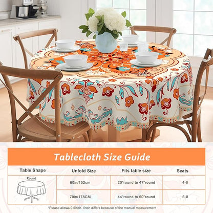 Eikione Bohemia Round Tablecloth 70inch,Table Cloth Waterproof and Wrinkle-Free, Boho Table Covers, Summer Decorations for Home