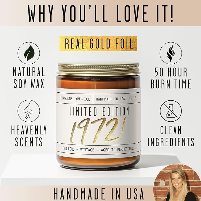 53rd Birthday Gifts for Women - 'Limited Edition 1972' Soy Candle, w/Champagne on Ice I 53rd Birthday Gifts for Women I 53rd Gift for Her Ideas I 9oz Reusable Jar, 50Hr Burn, Made in USA