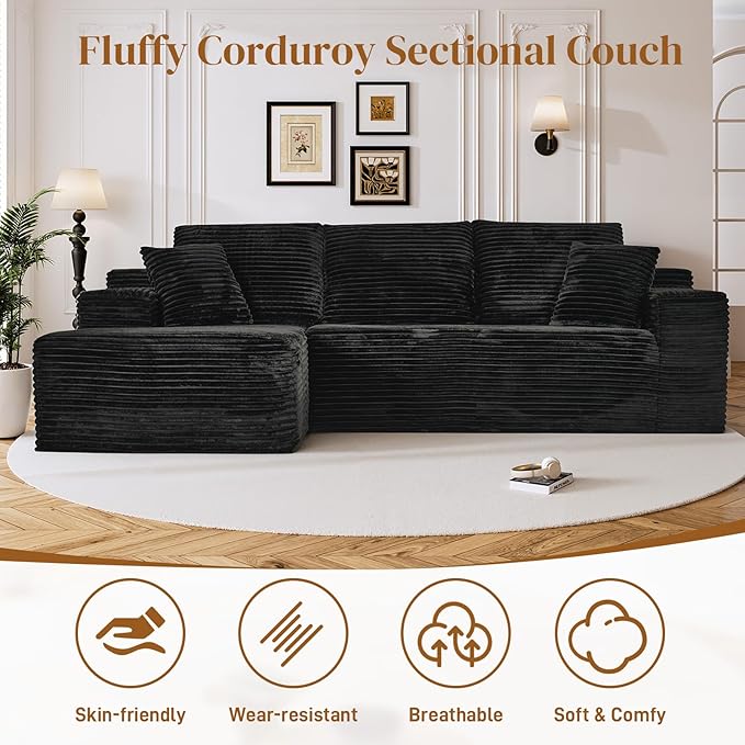 108" L Shaped Boneless Sectional Couches for Living Room, Wide Armrest, Deep Seat, Memory Foam, Assembly Free, Modern Comfy Corduroy Fluffy Cloud Sofa with Left Chaise, Black
