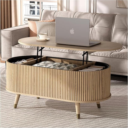 42.5" Oval Lift Top Coffee Table with Storage, Modern Oak Center Table with Fluted Design,Pop Up Coffee Table for Living Room,Solid Wood Legs & Hidden Compartment