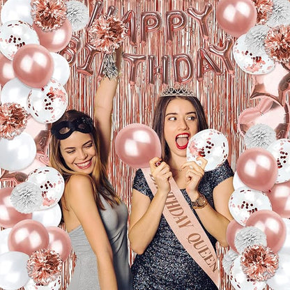 285 Pcs Rose Gold Party Decorations, Birthday Decorations For Women Or Girl - Knives, Forks and Spoons, Tiara, Butterfly, Sash, Paper Pom Poms, Balloon Stand, Tableware For 25 Guests