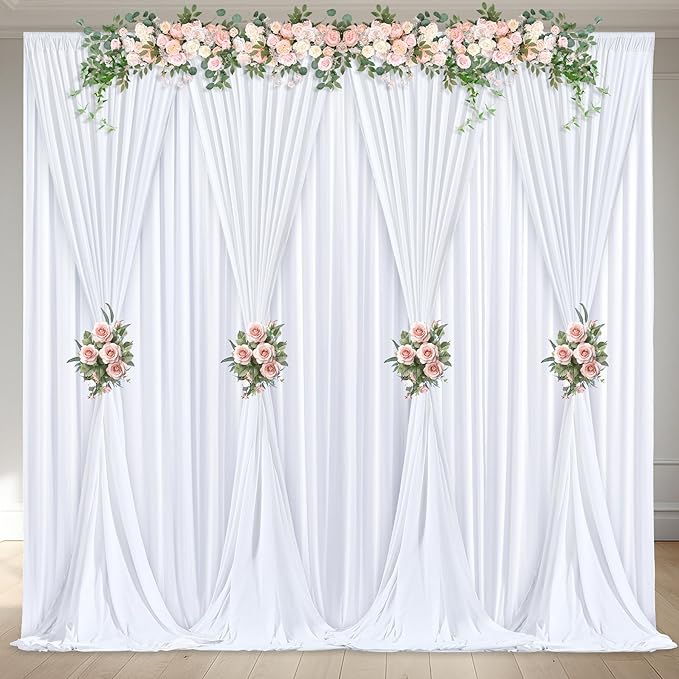 32 x 10ft White Backdrop Curtains for Wedding Photo Background Curtains Wrinkle Resistant Polyester Backdrop Curtains for Party Baby Shower Photoshoot Events Decor, 8 Panels-W4' x H10'
