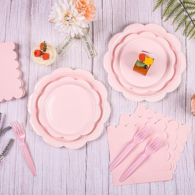96 Pcs Pink Paper Plates and Napkins Set Party Supplies, Tableware set for 24 Guest include Disposable Pink Scalloped Plates, Napkins and Forks for Baby Shower Bridal Shower Wedding