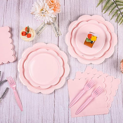 96 Pcs Pink Paper Plates and Napkins Set Party Supplies, Tableware set for 24 Guest include Disposable Pink Scalloped Plates, Napkins and Forks for Baby Shower Bridal Shower Wedding