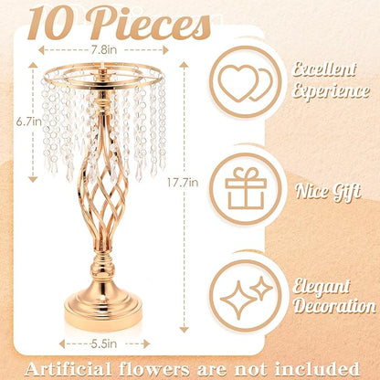 Wesiti 10 Pcs Crystal Gold Flower Stand Elegant Metal Flower Arrangement Stand with Chandelier Crystals 17.7" Tall Gold Vase for Centerpieces Wedding Reception Hotel Favor