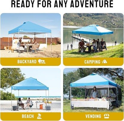 Crown Shades 10x10 Pop Up Canopy - Beach Tent with One Push Setup - Outdoor Sun Shade for Events, Parties, Camping - Gazebo with STO-N-Go Cover Bag, Silver Coated Top, 3 Height& 4 Sand Bags, Sky Blue