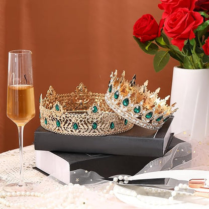 MTLEE 2 Pcs Prom King and Queen Crowns for Men Women King Queen Crowns Tiara with Rhinestone for Wedding Birthday Grad(Green Gold, Green Style)