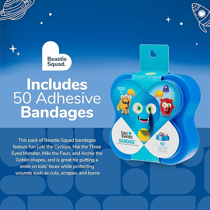 BioSwiss Kids Bandages, Beastie Squad Shaped Self Adhesive Bandage Set, Latex Free, Sterile Wound Care, 50 Count