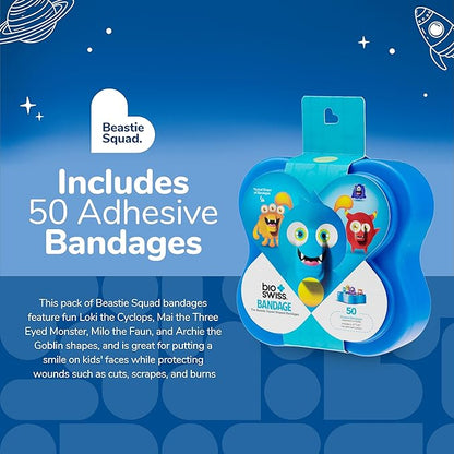 BioSwiss Kids Bandages, Beastie Squad Shaped Self Adhesive Bandage Set, Latex Free, Sterile Wound Care, 50 Count