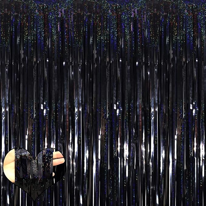 4 Pack New Black Fringe Curtain Backdrop, 3.2Ft x 8.2Ft Sparkle Metallic Tinsel Foil Fringe Streamers Background for Photo Booth Birthday Wedding Baby Shower Party Thanksgiving Christmas Decorations