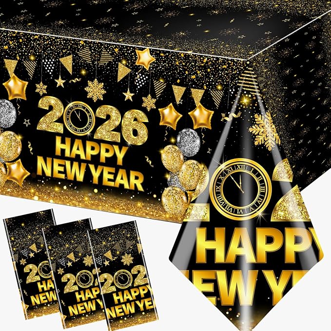 HAKOTI 3Pcs New Year Eve Tablecloth - Happy New Year Party Decorations 2026 Black Gold New Years Tablecloth Rectangular Plastic Table Cover for Cheers to 2026 New Years Eve Party