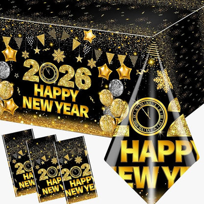 HAKOTI 3Pcs New Year Eve Tablecloth - Happy New Year Party Decorations 2026 Black Gold New Years Tablecloth Rectangular Plastic Table Cover for Cheers to 2026 New Years Eve Party