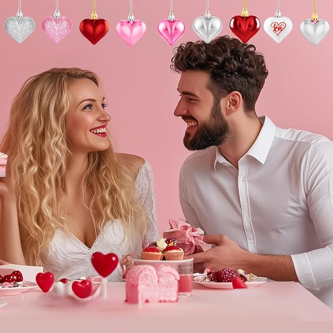36Pcs Valentines Day Decor Heart Ornaments Classic Red Pink Silver Valentines Decorations Heart Shaped Baubles Hanging Ornaments for Valentine’s Day Christmas Tree Wedding Anniversary Party