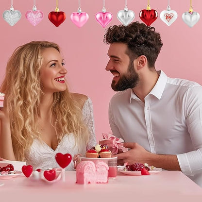 36Pcs Valentines Day Decor Heart Ornaments Classic Red Pink Silver Valentines Decorations Heart Shaped Baubles Hanging Ornaments for Valentine’s Day Christmas Tree Wedding Anniversary Party